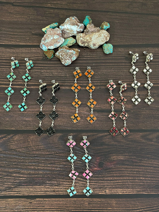 Handmade Sterling Silver Post Earring, Options-BLACK ONYX,  ROSE DAHLIA, Turquoise, WILD HORSE, ORANGE MOJAVE,  COTTON CANDY, Signed Nizhoni