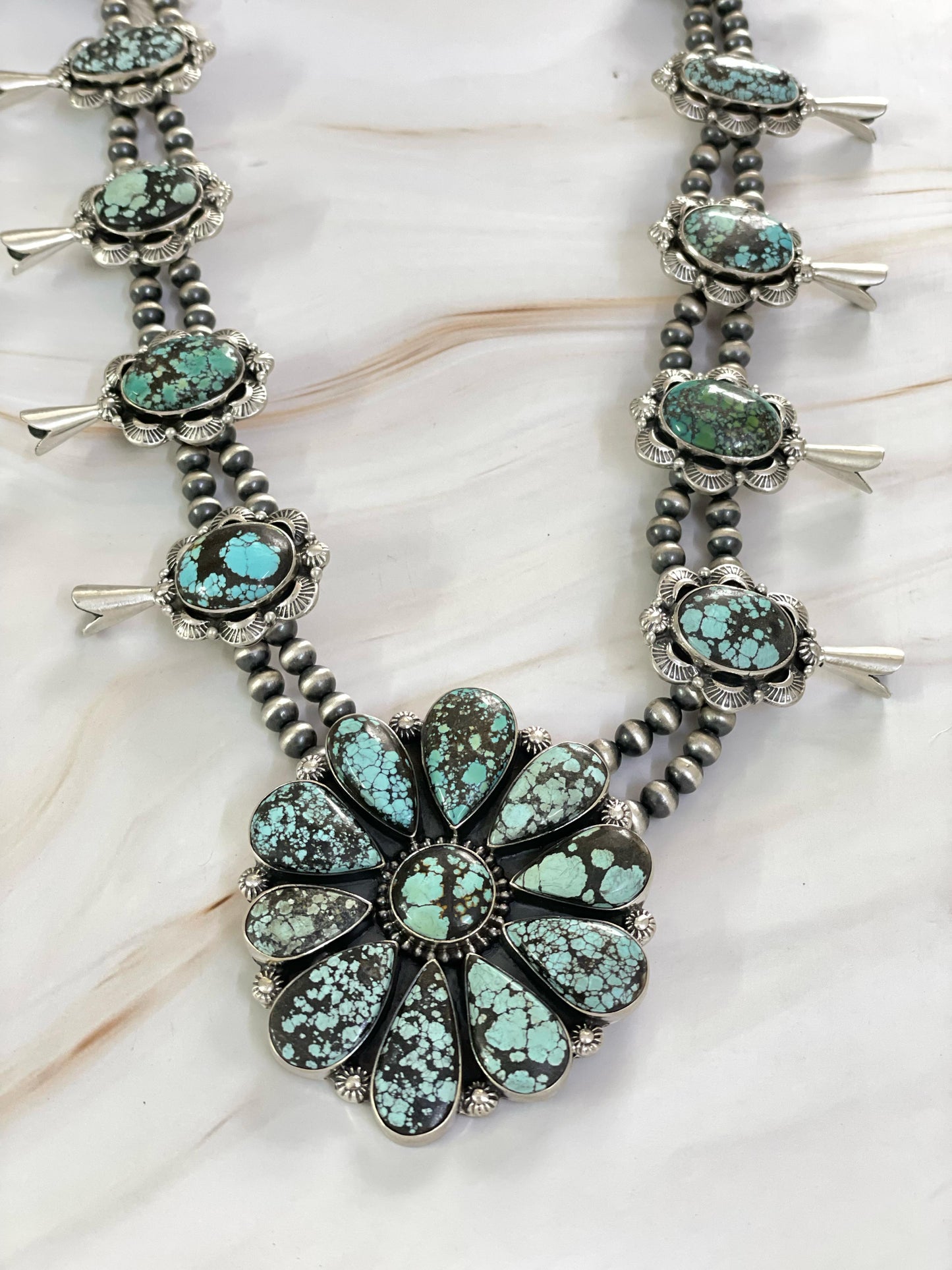 Handmade Sterling Silver New Lander Turquoise Necklace, Signed Nizhoni