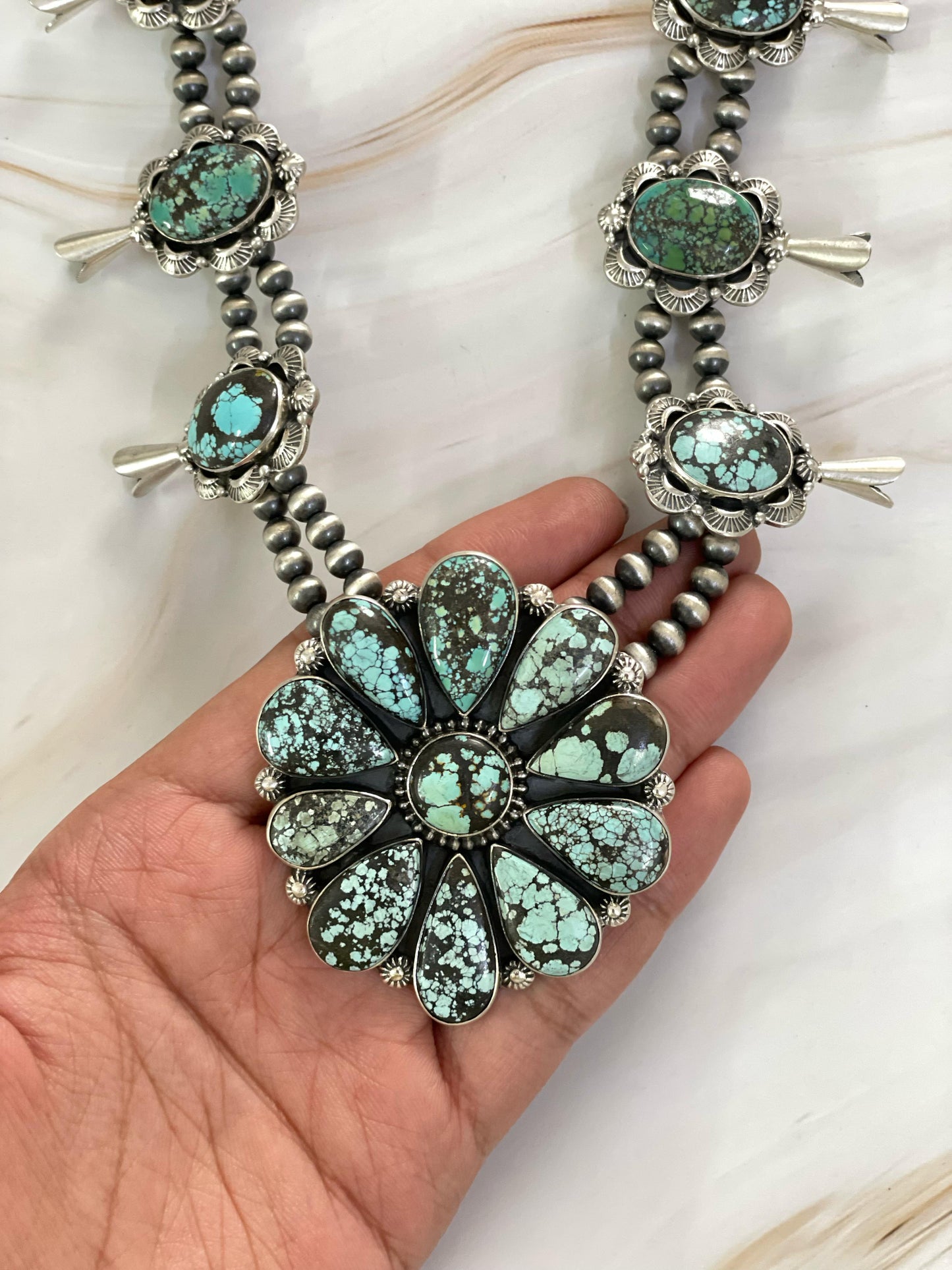 Handmade Sterling Silver New Lander Turquoise Necklace, Signed Nizhoni