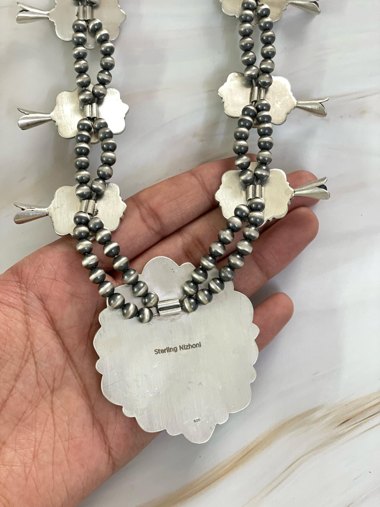 Handmade Sterling Silver New Lander Turquoise Necklace, Signed Nizhoni