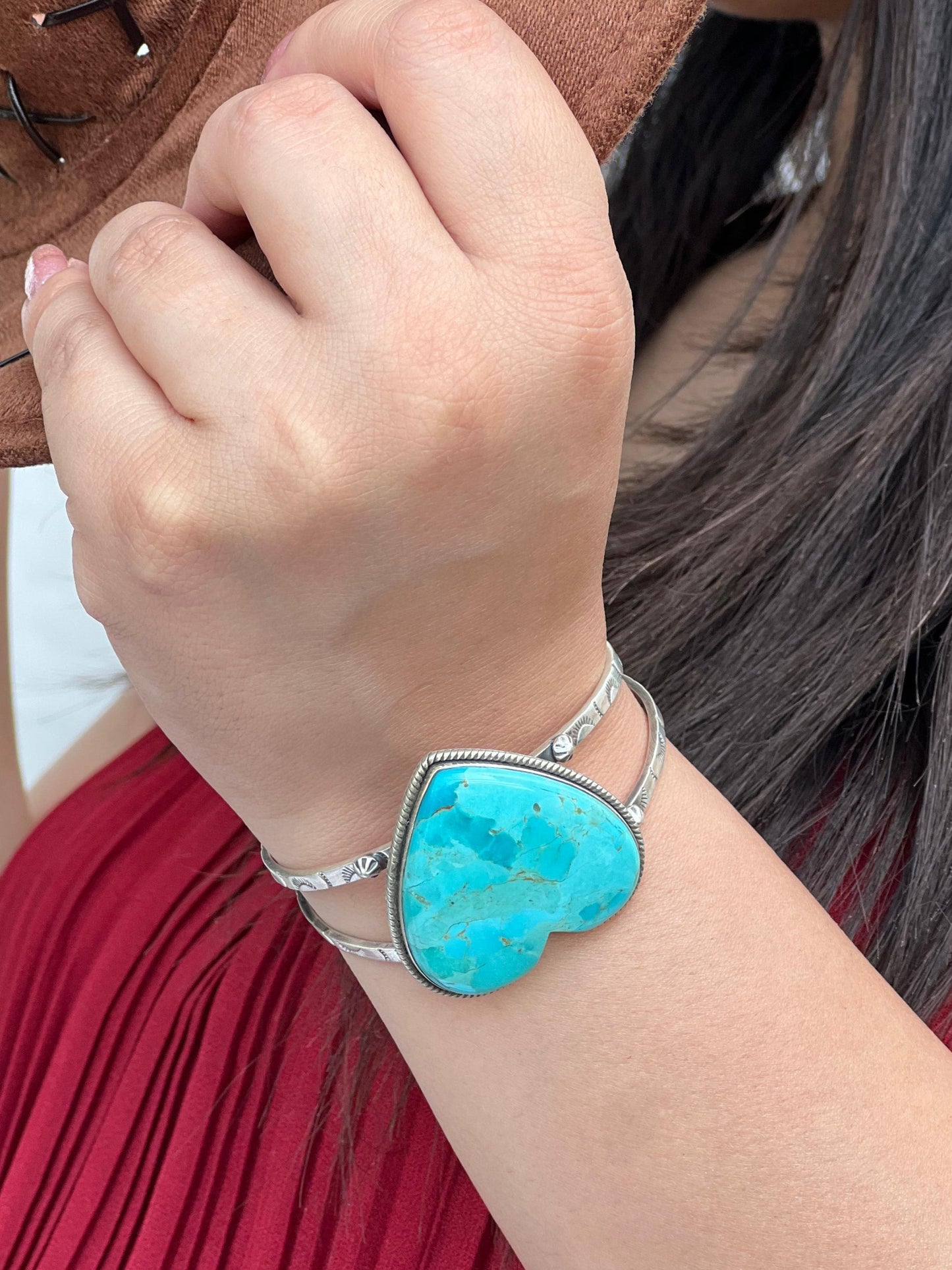 Handmade Sterling Silver Kingman Turquoise Heart Bracelet with Signed Nizhoni