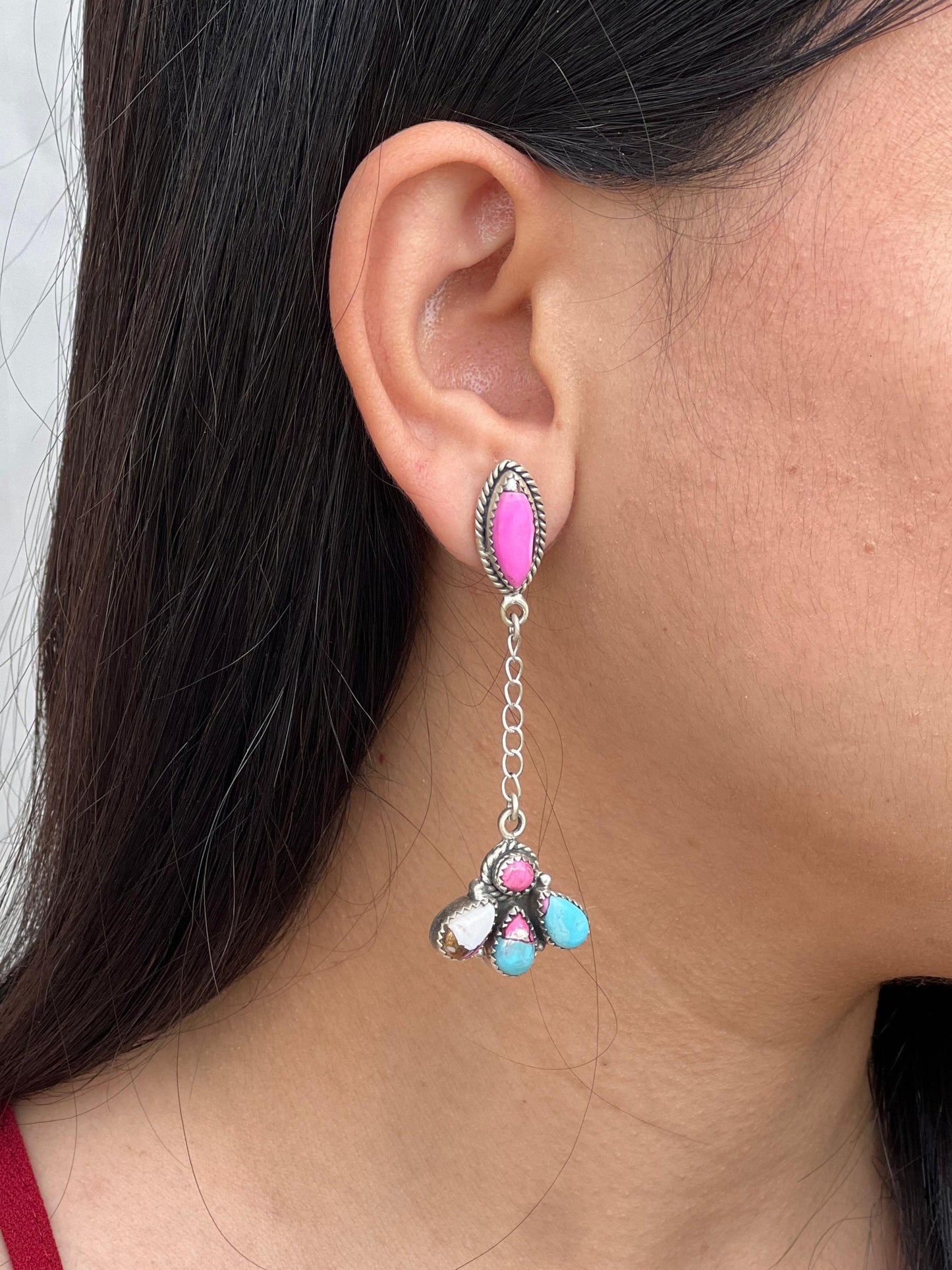 Handmade Sterling Silver Cotton Candy Turquoise Dangle Earrings with Signed Nizhoni