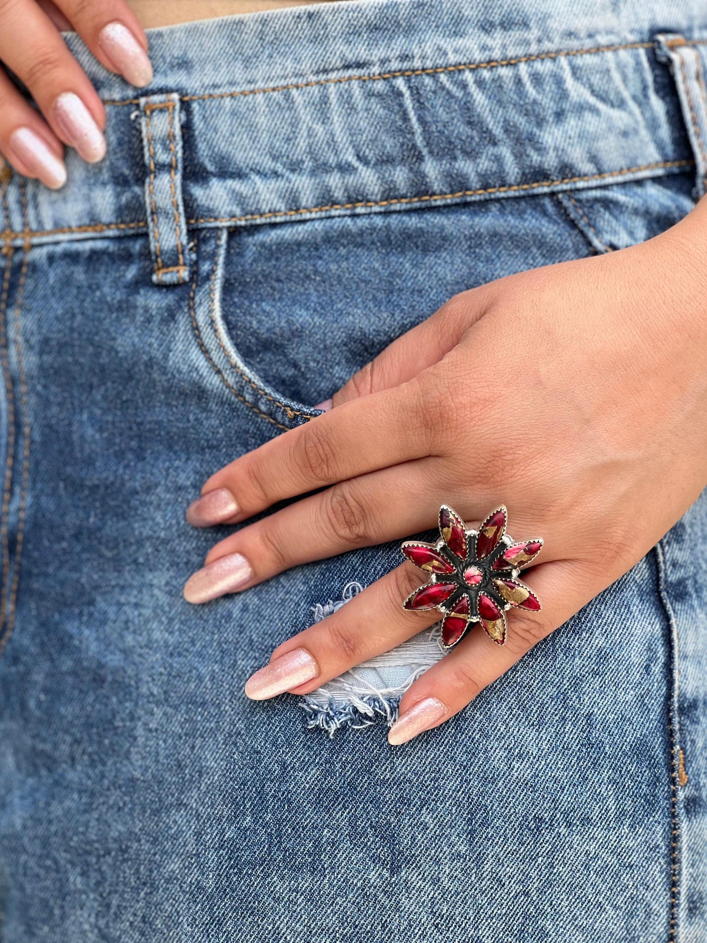 Handmade Sterling Silver Dahlia Rose Flower Adjustable Ring with Signed Nizhoni