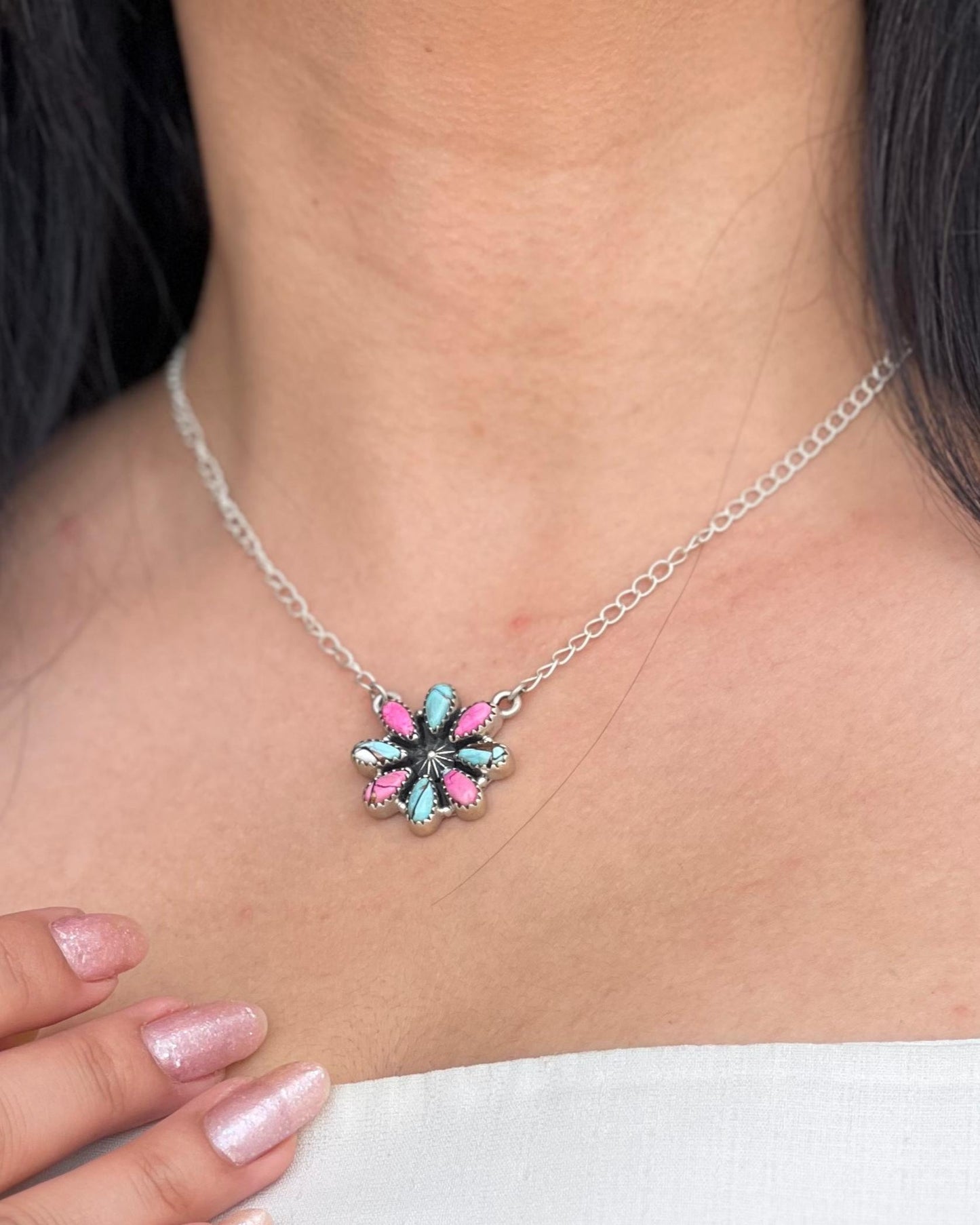 Handmade Sterling Silver Peacock Dahlia, Cotton Candy Turquoise Necklace with Signed Nizhoni
