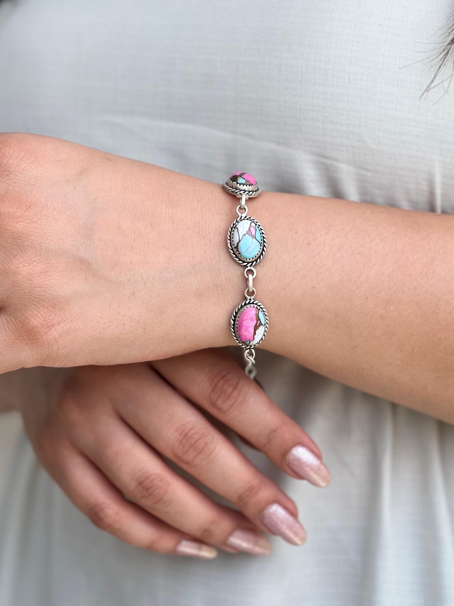 Handmade Sterling Silver Cotton Candy Turquoise Chain Bracelet with Signed Nizhoni (9)