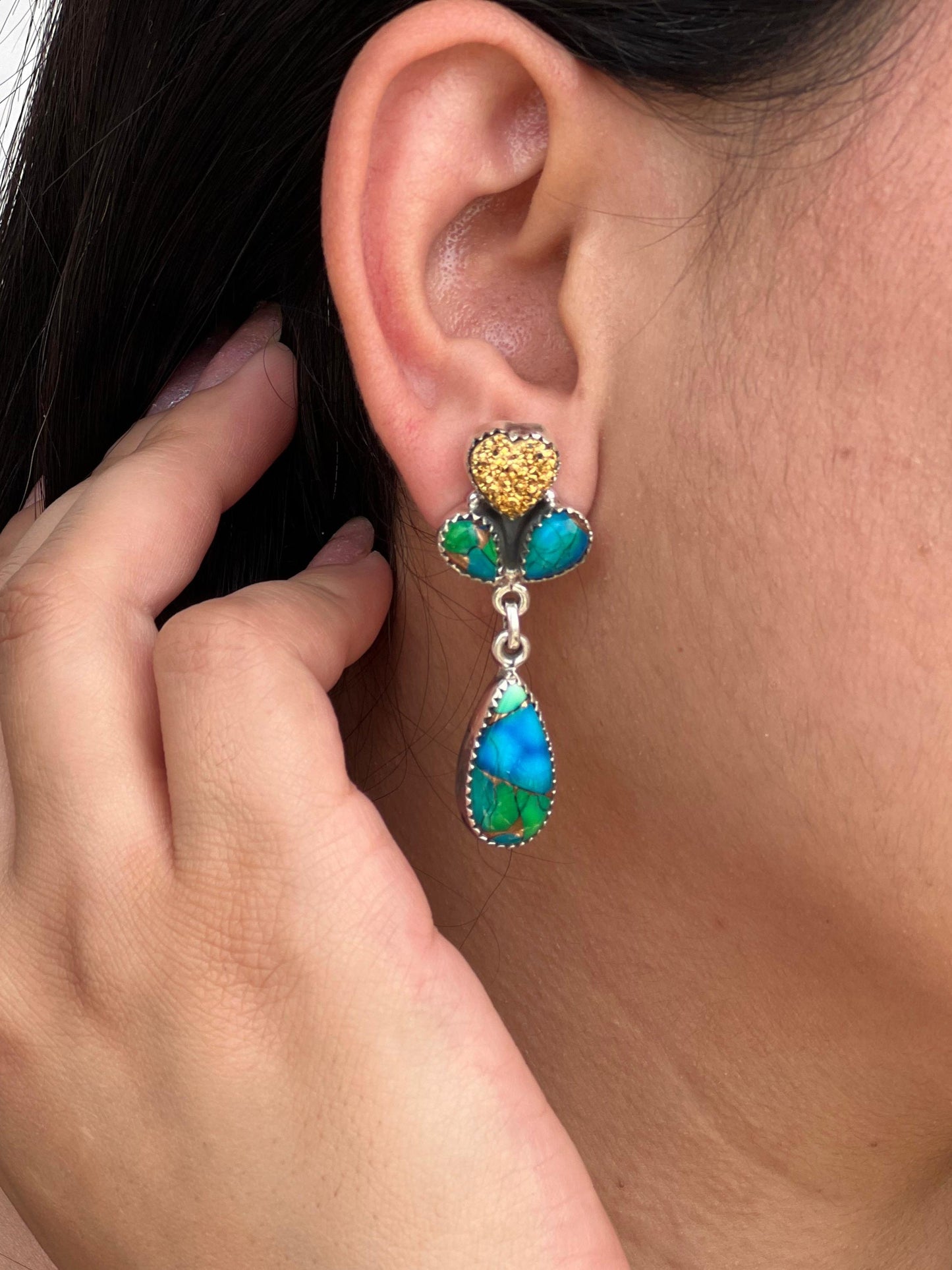 Handmade Sterling Silver Peacock Dahlia with Druzy Dangle Earrings with Signed Nizhoni