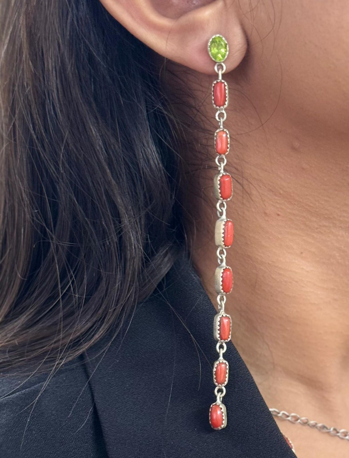 Christmas Collection Handmade Sterling Silver Coral with Peridot Dangle Earrings, Signed Nizhoni