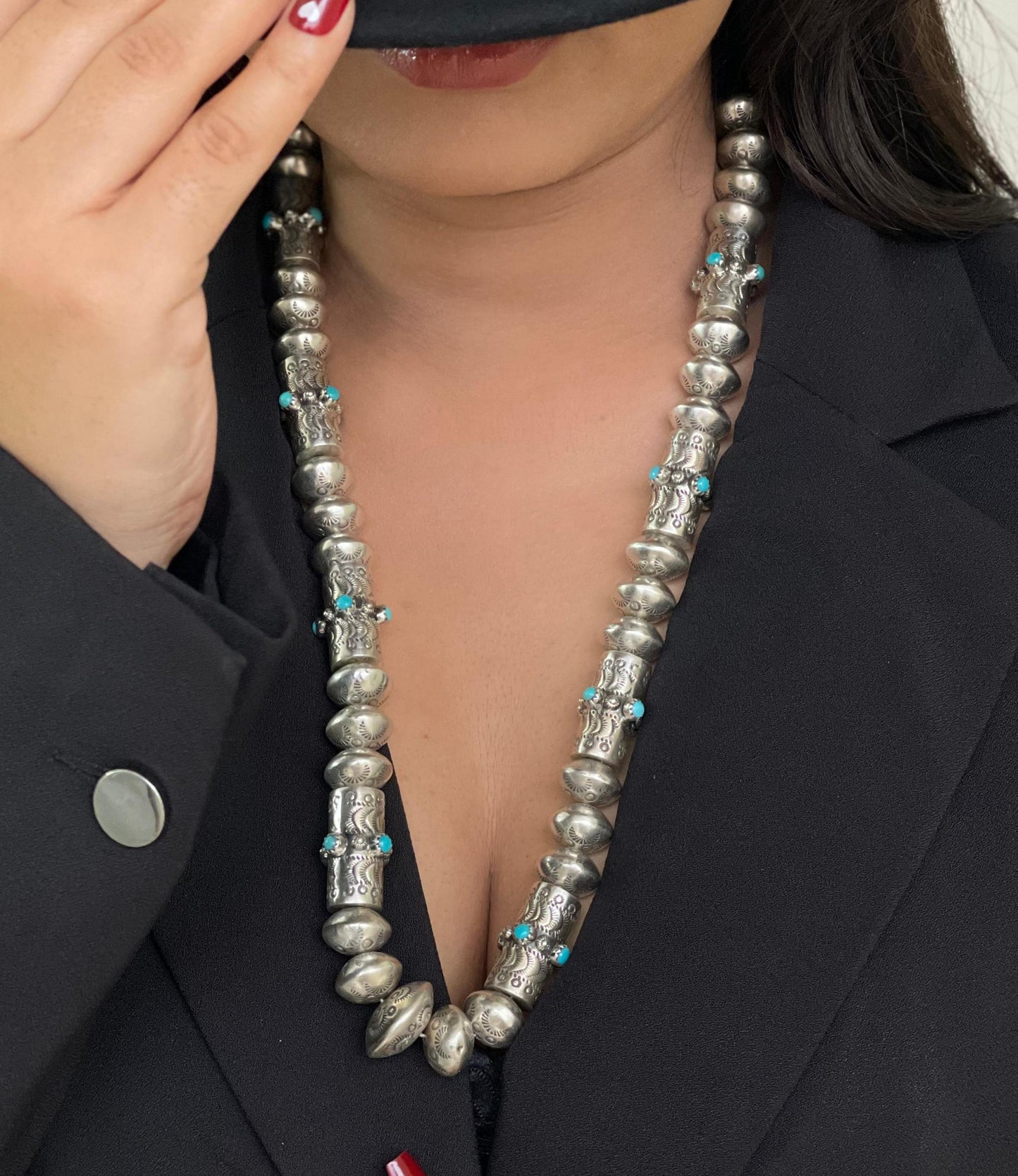 Handmade Sterling Silver & Turquoise Beaded Necklace Signed Nizhoni