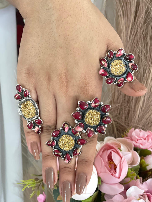 Handmade Sterling Silver Dahlia Rose with Druzy Adjustable Ring, Signed Nizhoni (8)