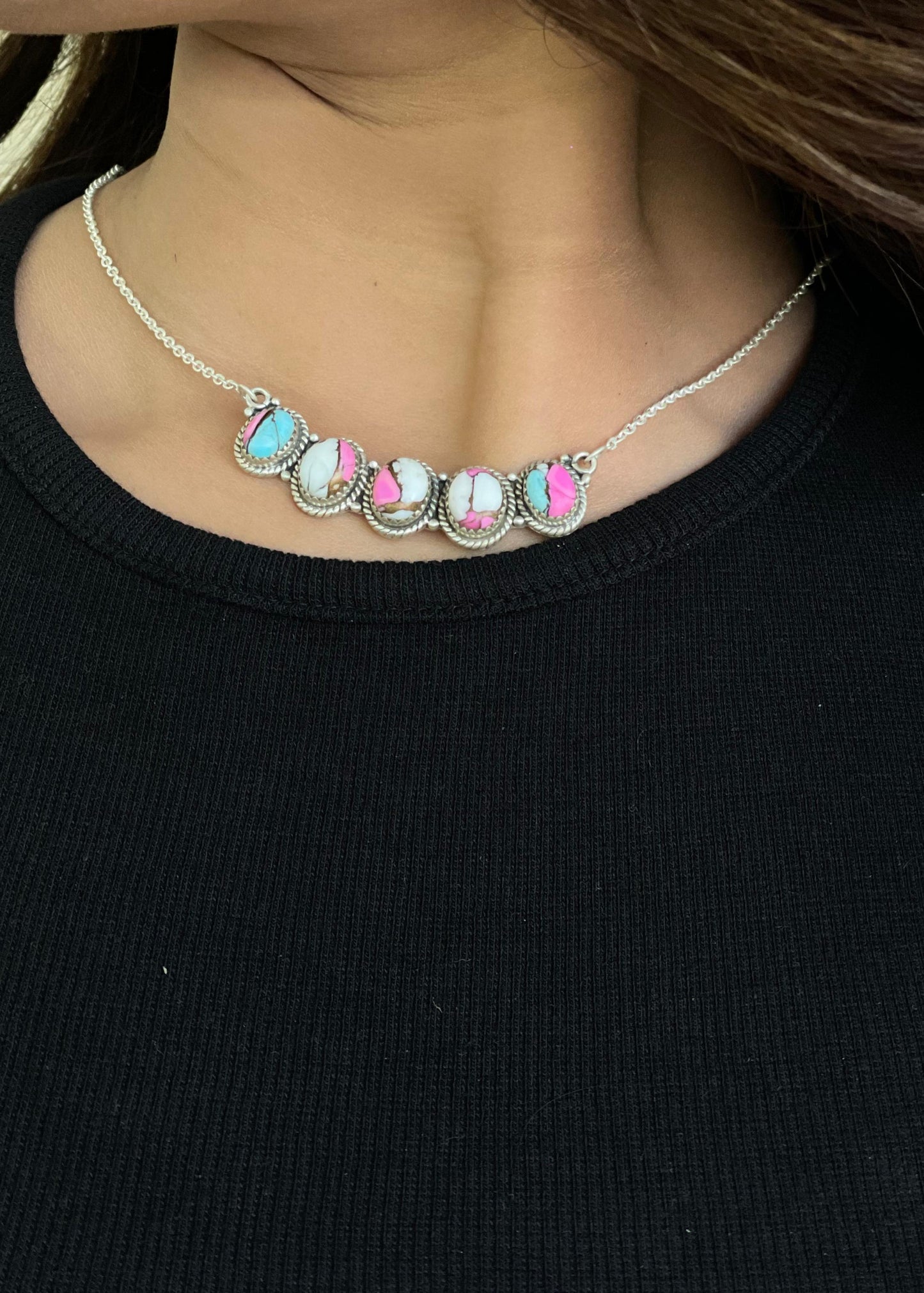 Handmade Sterling Silver Cotton Candy Turquoise Necklace with Signed Nizhoni