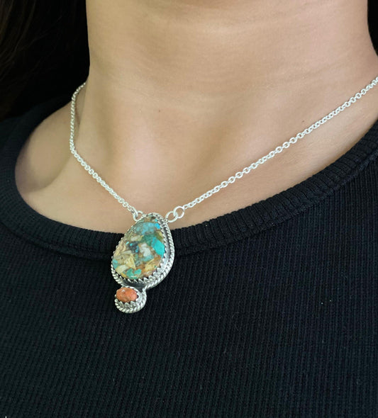 Handmade Sterling Silver Royston Turquoise with Orange Mojave Necklace, Signed Nizhoni