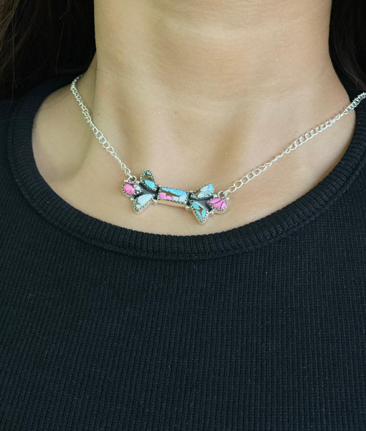 Handmade Sterling Silver Cotton Candy Turquoise Necklace with Signed Nizhoni