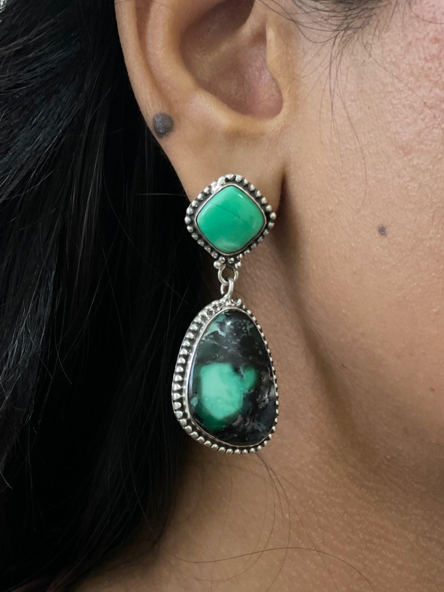 Handmade Sterling Silver Emerald Rose Post Dangle Earrings with Signed Nizhoni