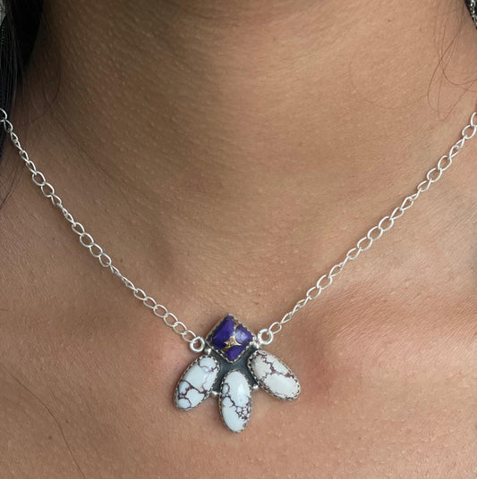 Handmade Sterling Silver Grape Dahlia with Wild Horse Necklace with Signed Nizhoni