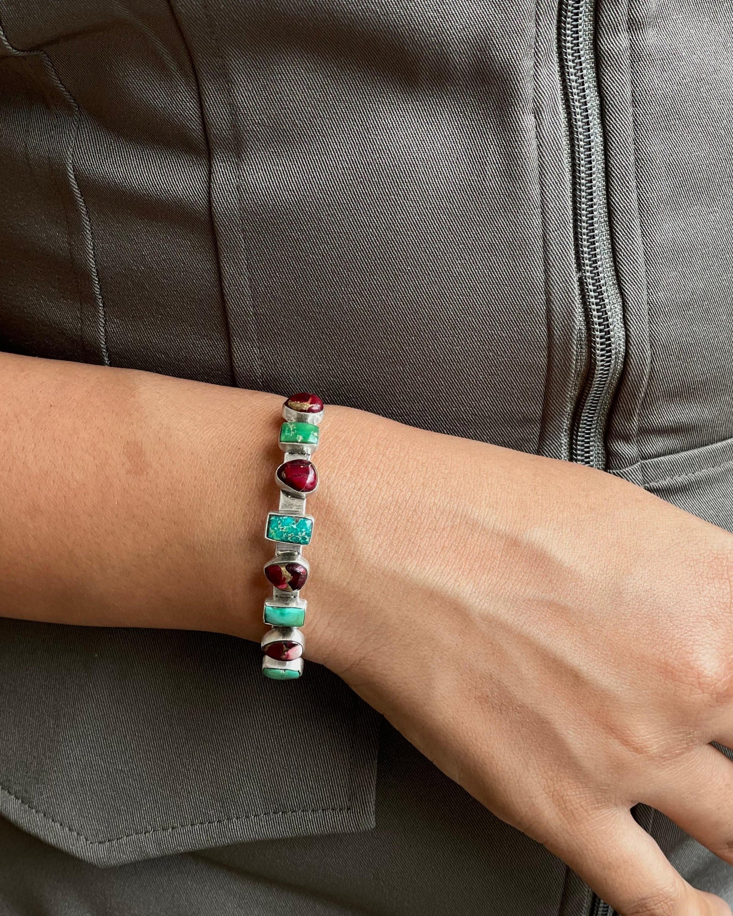 Handmade Sterling Silver Dahlia Rose with South Hill Turquoise Bracelet, Signed Nizhoni (2)