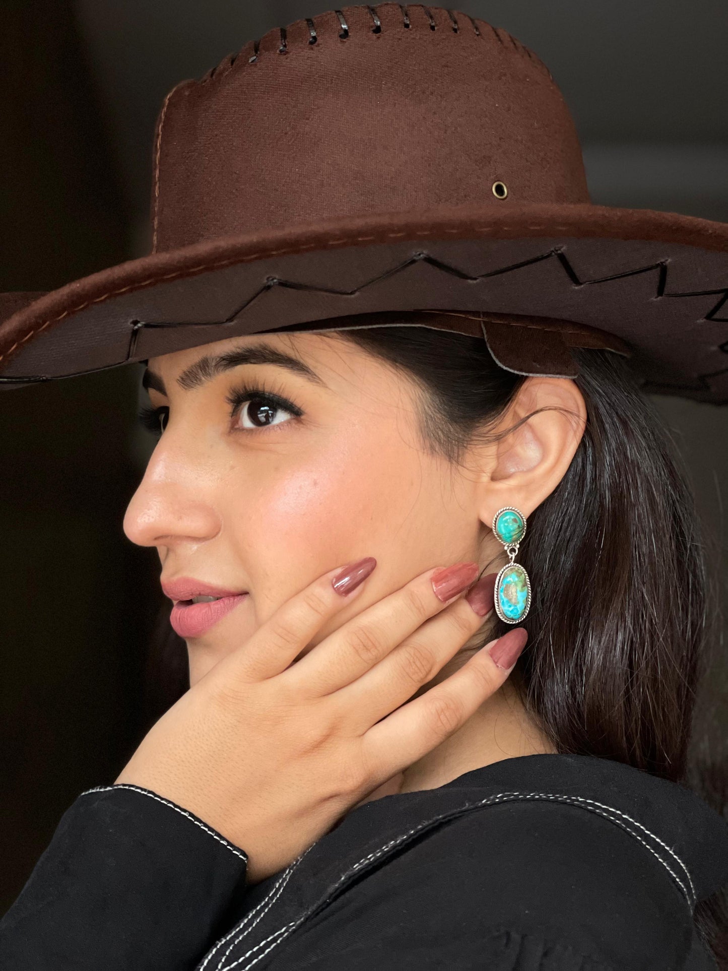 Handmade Sterling Silver South Hill Turquoise Post Dangle Earrings with Signed Nizhoni