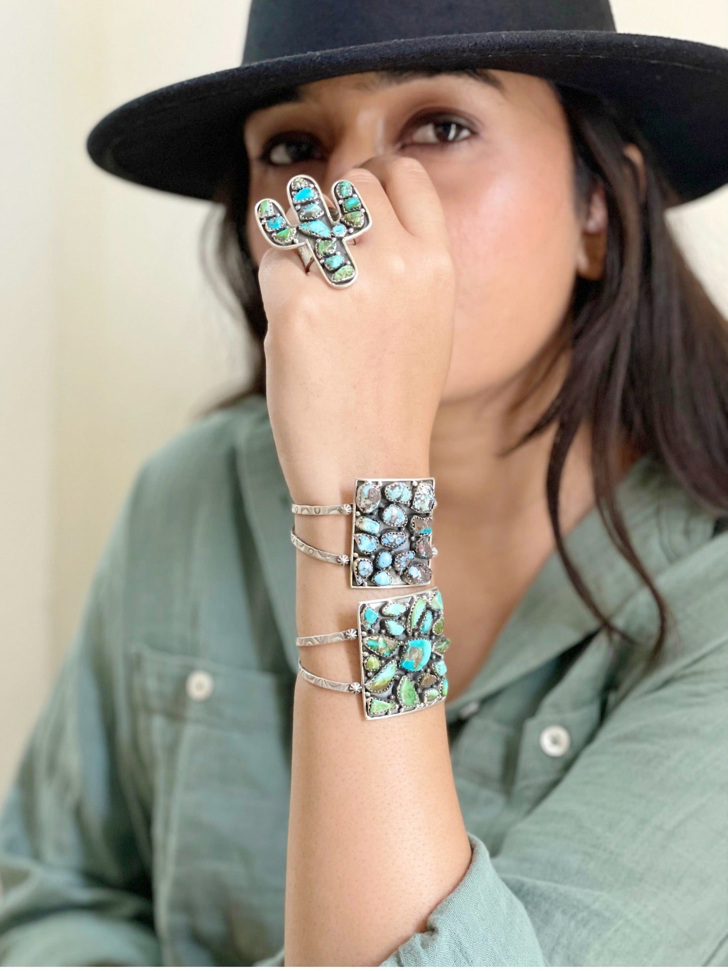 Handmade Sterling Silver Golden Hill, Sonoran Mountain Turquoise Rectangle Bracelet with Signed Nizhoni /