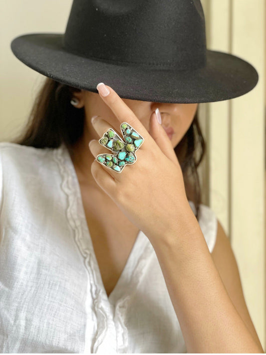 Handmade Sterling Silver Sonoran Mountain Turquoise Thunder Bird Adjustable Ring with Signed Nizhoni