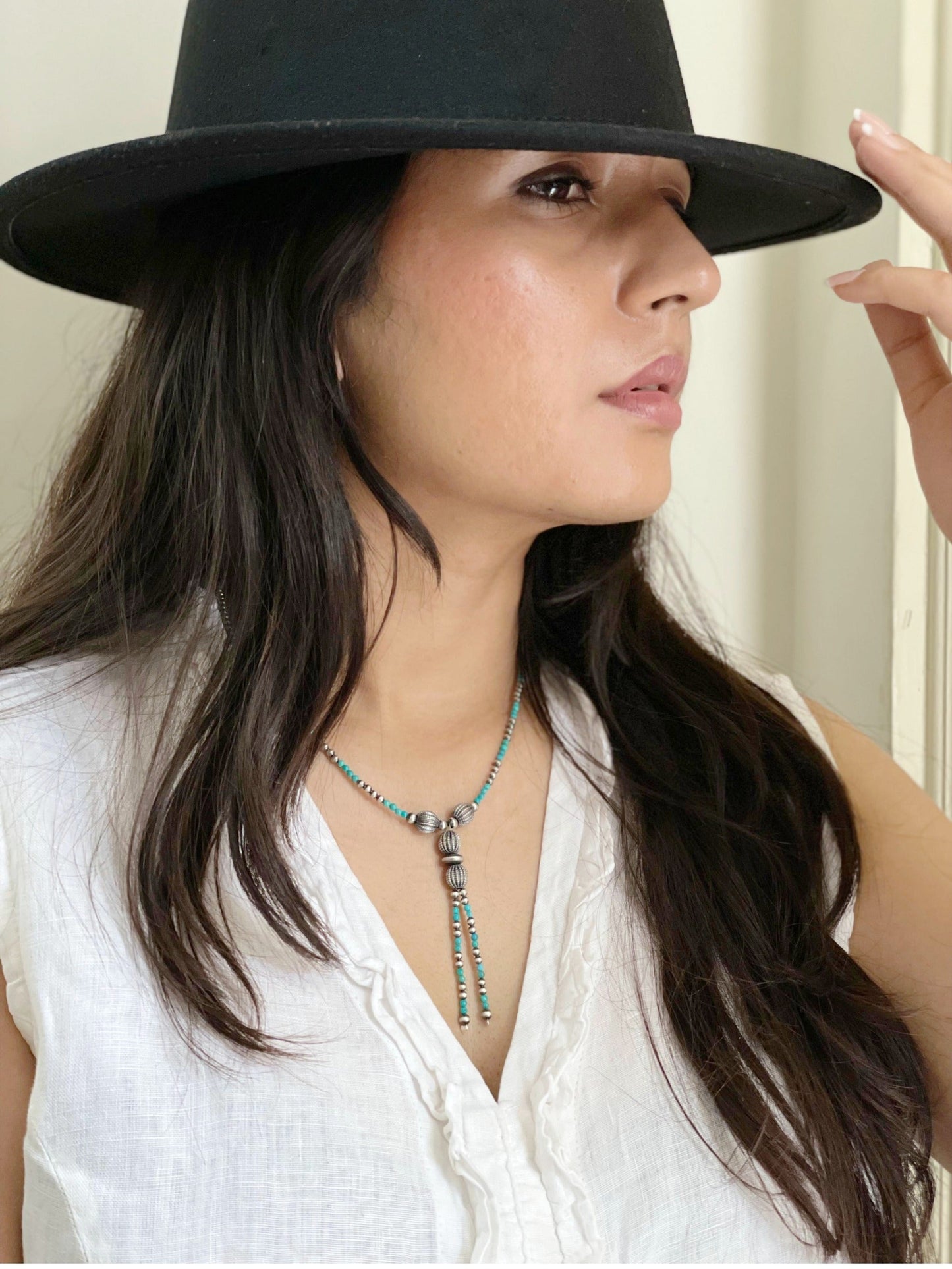 Handmade Sterling Silver Kingman Turquoise Beaded Necklace with Signed Nizhoni