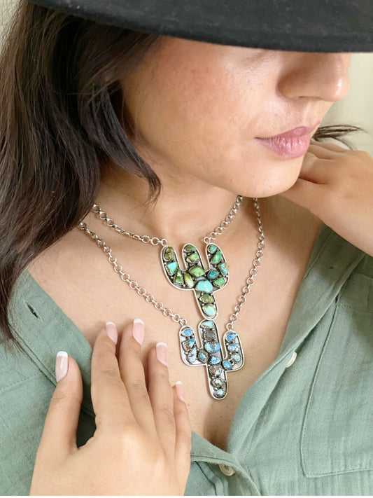 Handmade Sterling Silver Golden Hill Turquoise, Sonoran Saguaro Cactus Necklace with Signed Nizhoni