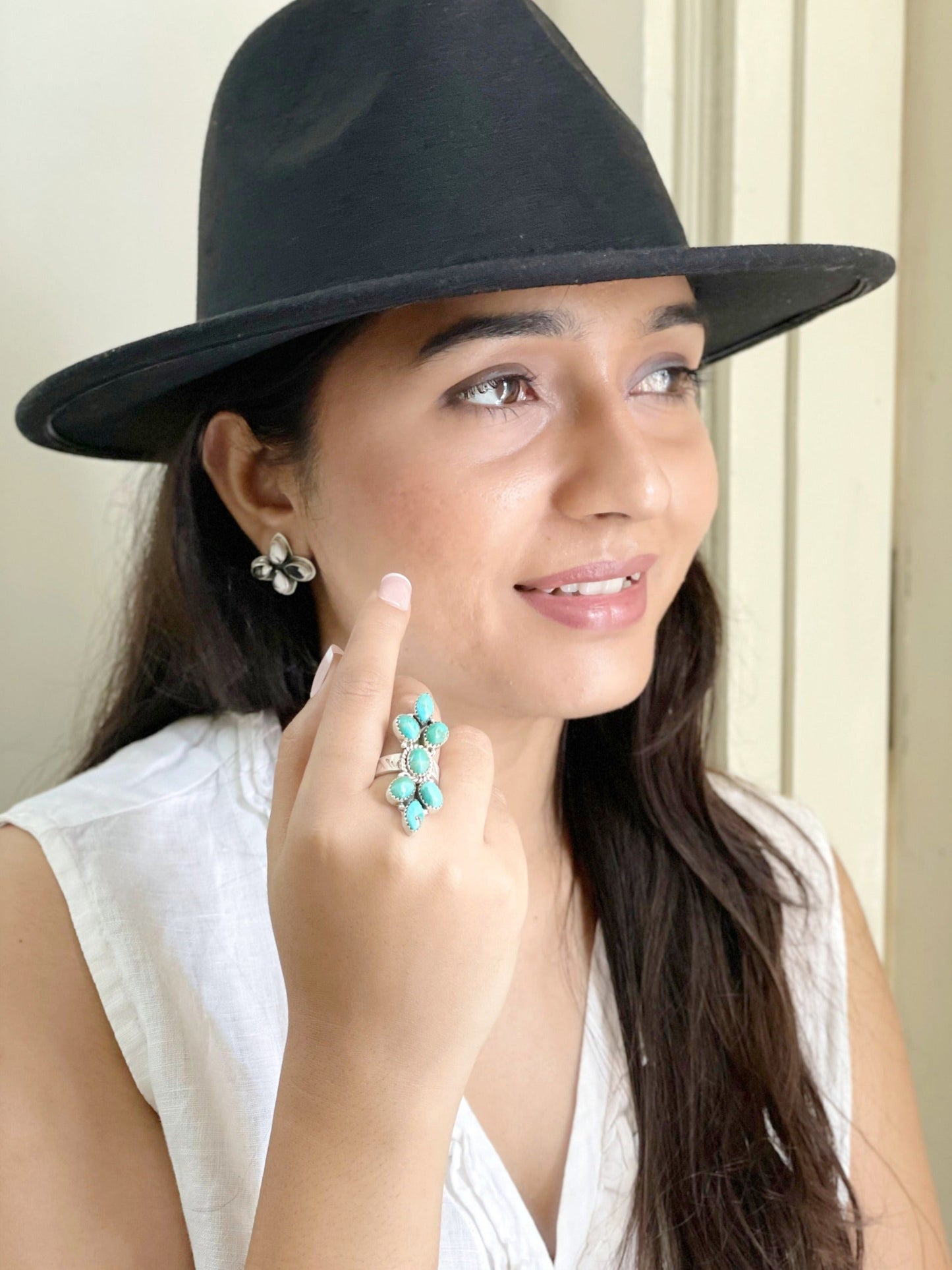 Handmade Sterling Silver Kingman Turquoise Adjustable Ring with Signed Nizhoni (5)