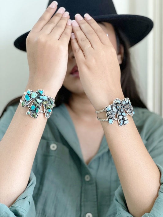 Handmade Sterling Silver Golden Hill, Sonoran Mountain Turquoise Thunder Bird Bracelet with Signed Nizhoni /