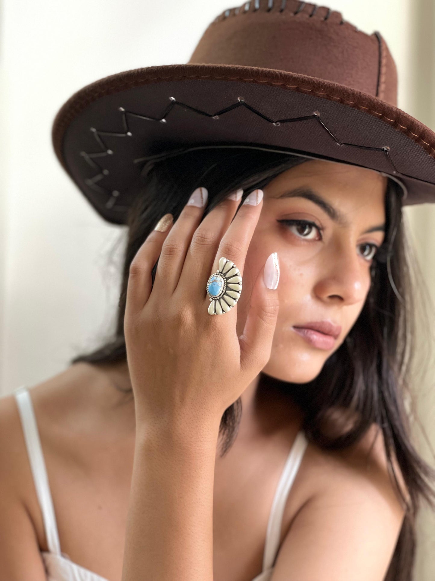 Handmade Sterling Silver with Golden Hills Turquoise Adjustable Ring With Signed Nizhoni