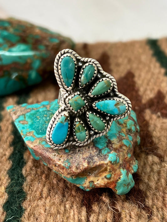 Handmade Sterling Silver Kingman Turquoise Adjustable Ring with Signed Nizhoni