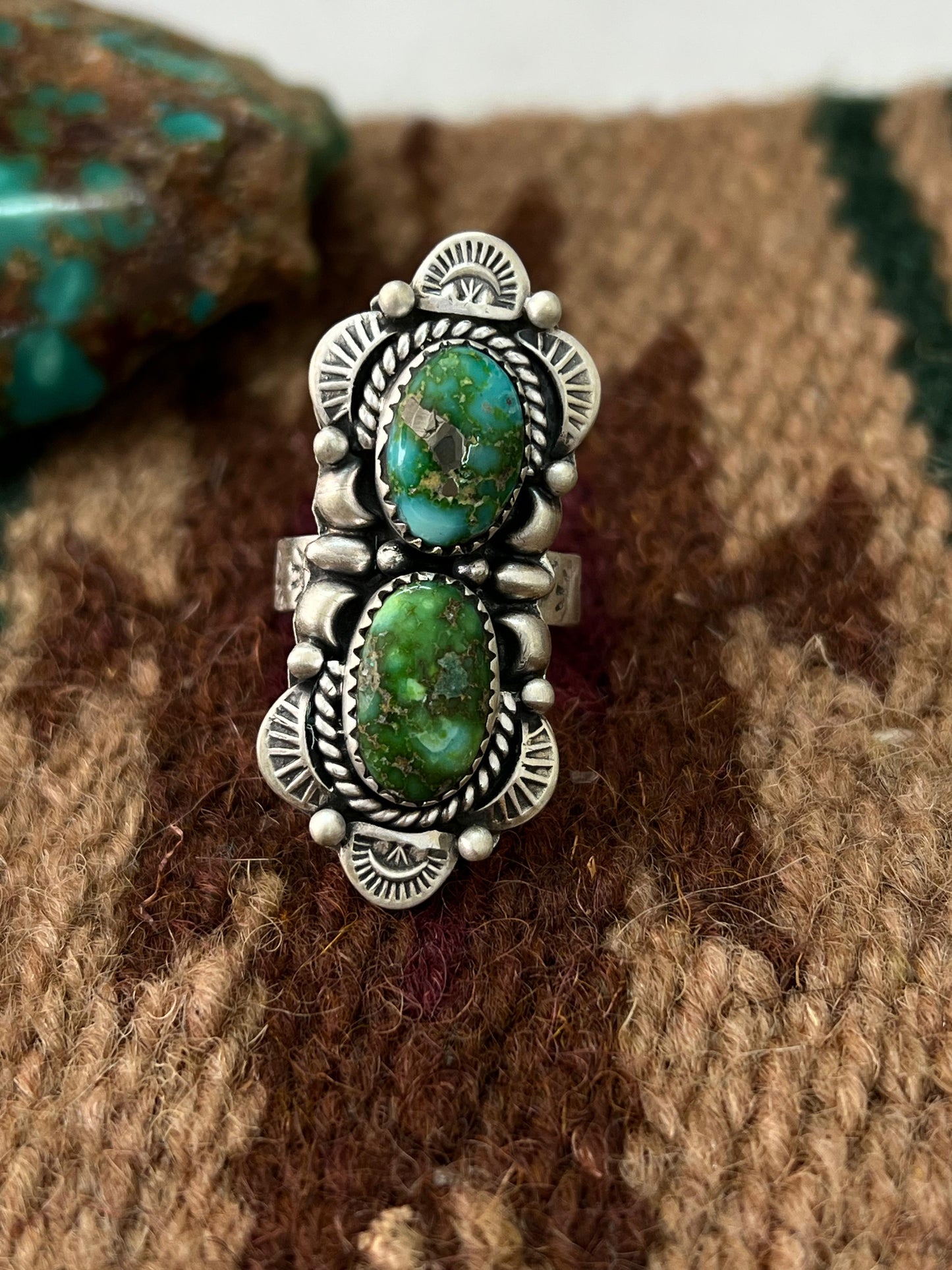 Handmade Sterling Silver Sonoran Mountain Turquoise Adjustable Ring with Signed Nizhoni