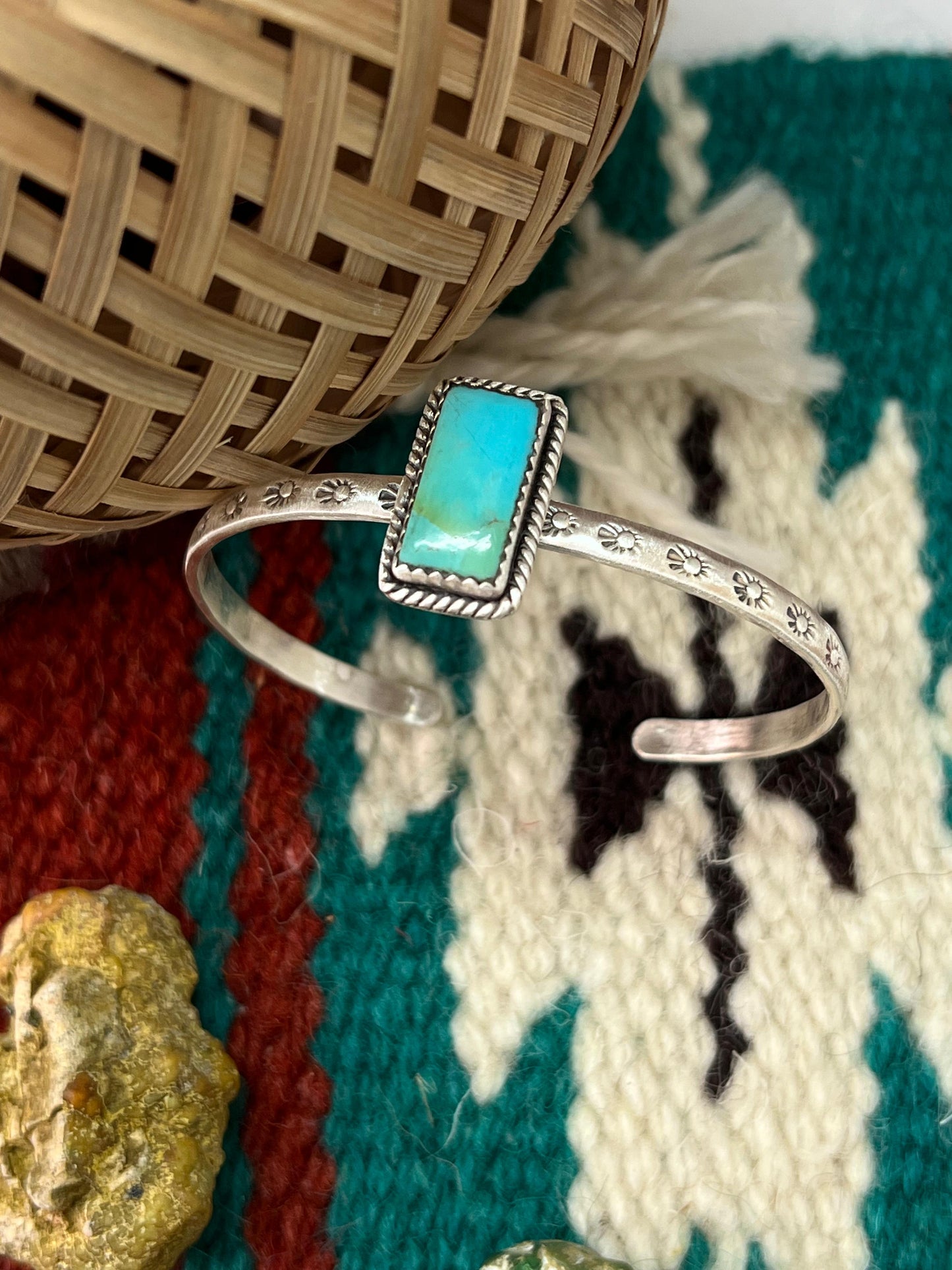 Handmade Sterling Silver Kingman Turquoise Bracelet with Signed Nizhoni