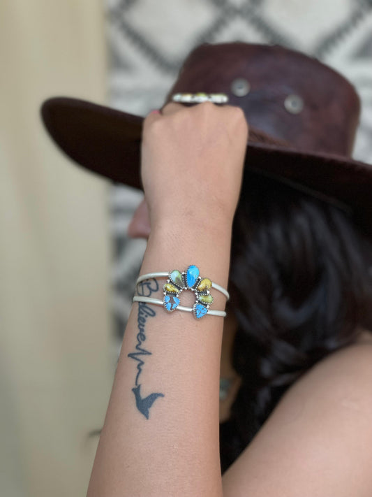 Handmade Sterling Silver Palomino with Golden Hills and Sonoran Turquoise Naja Bracelet "Signed Nizhoni"