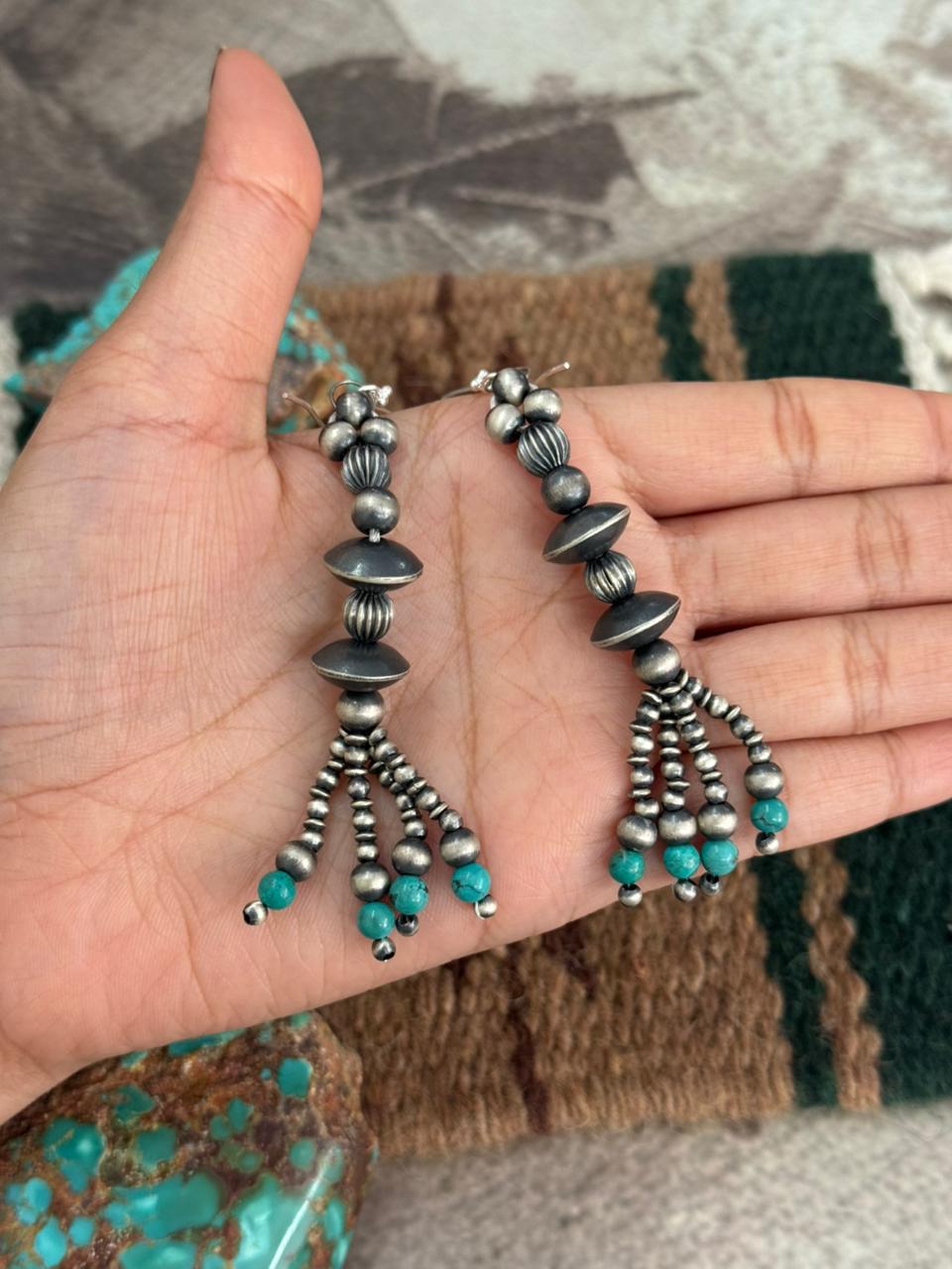 Handmade Sterling Silver Kingman Turquoise Beaded Hook Dangle Earrings