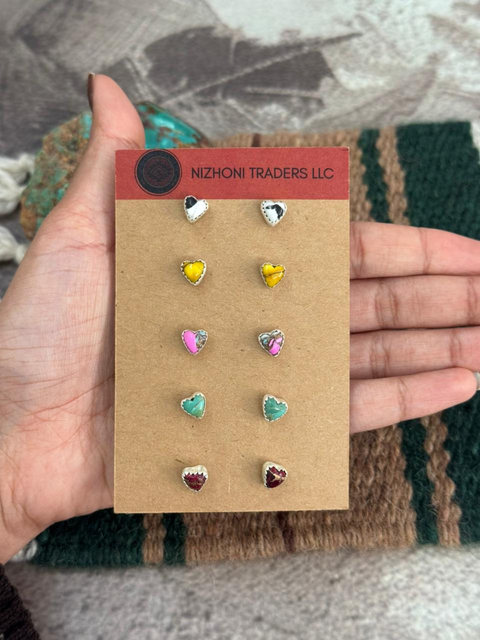 Handmade Sterling Silver Multi Stone Post Heart Shape Studs Earrings Set