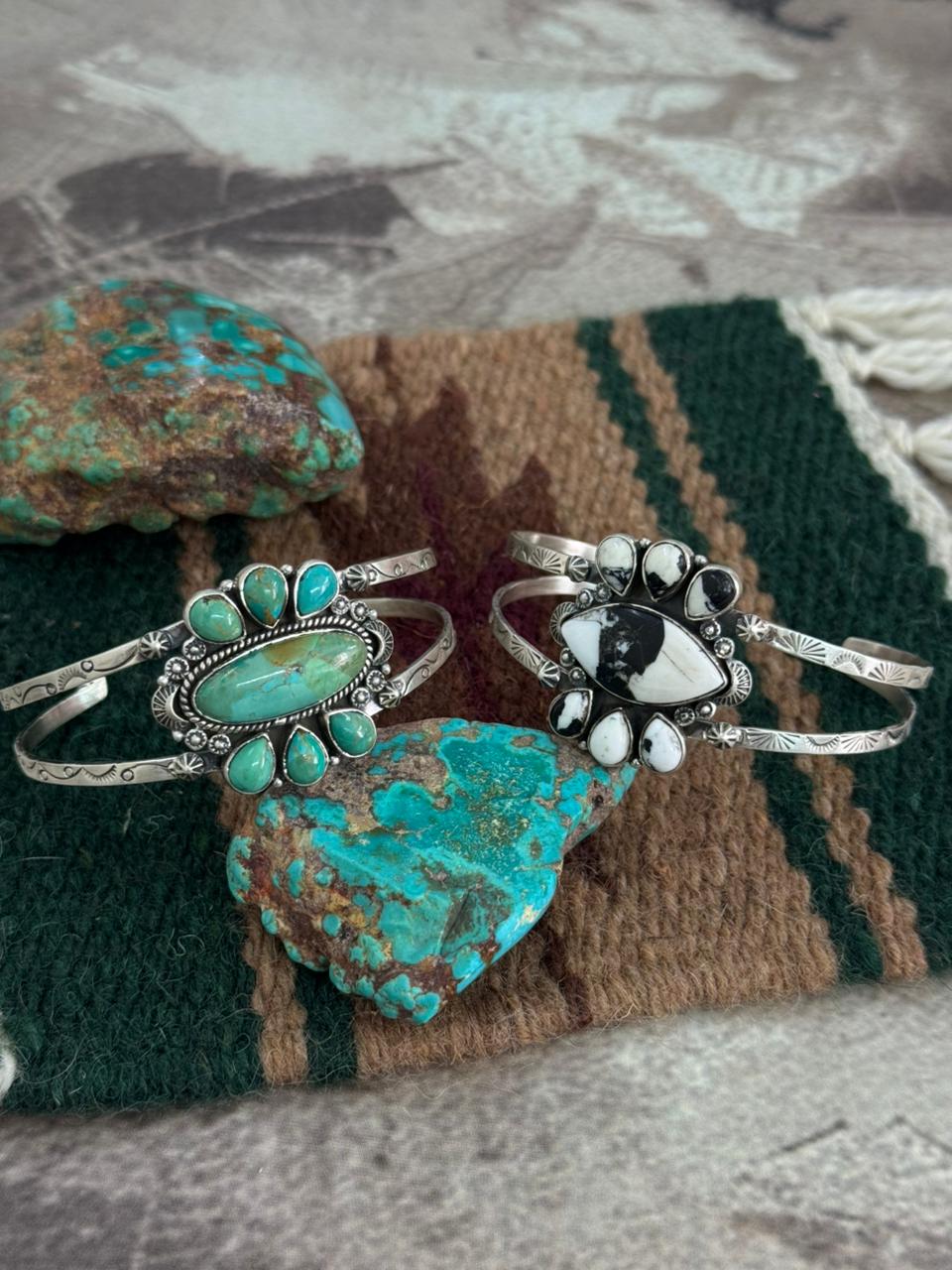 Handmade Sterling Silver Kingman, White Buffalo Cuff Bracelet "Signed Nizhoni"
