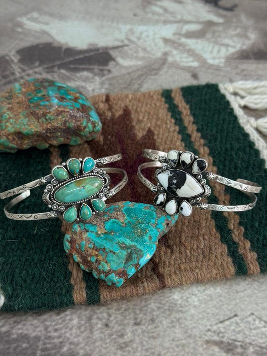 Handmade Sterling Silver Kingman, White Buffalo Cuff Bracelet "Signed Nizhoni"