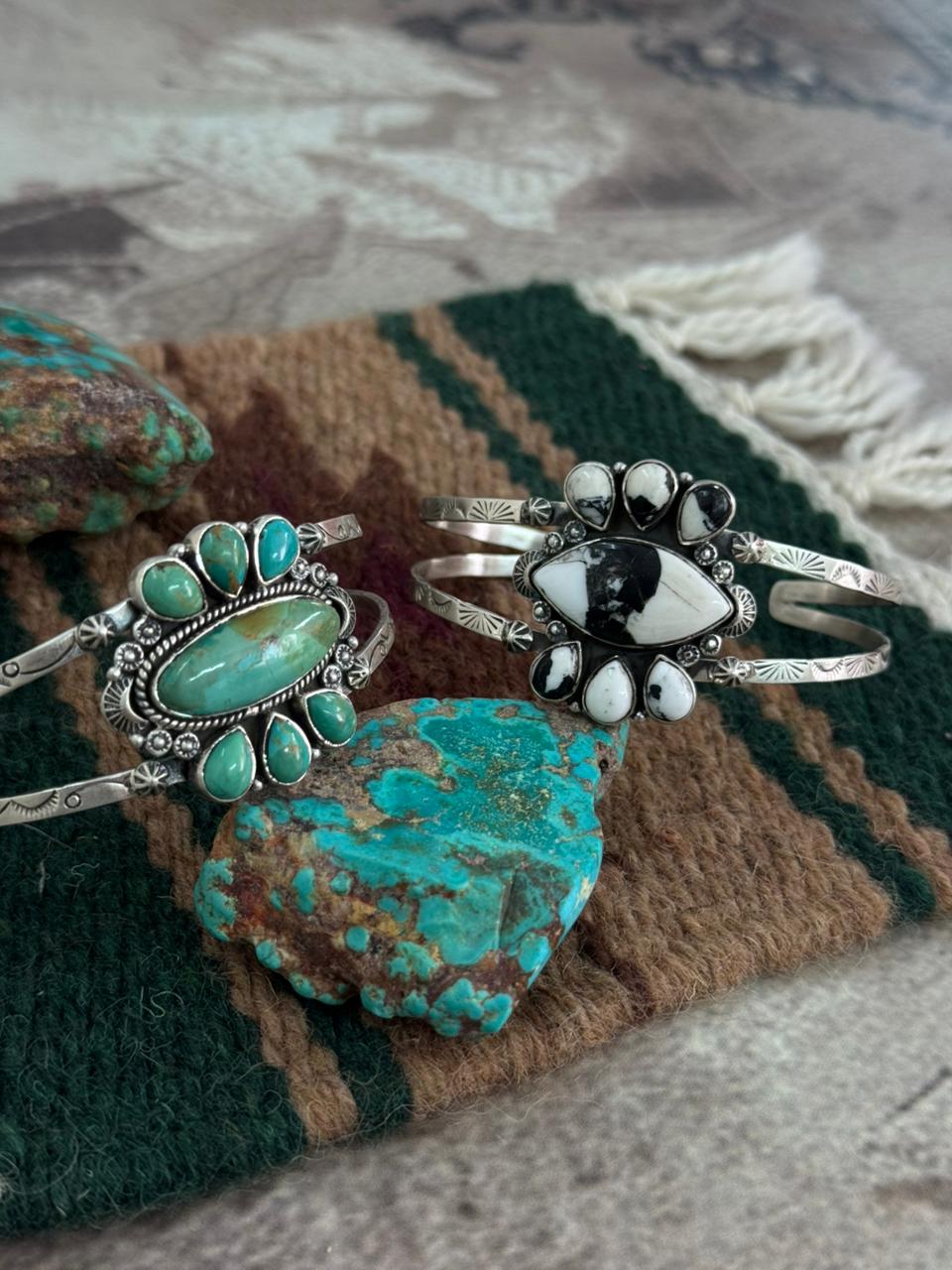 Handmade Sterling Silver Kingman, White Buffalo Cuff Bracelet "Signed Nizhoni"