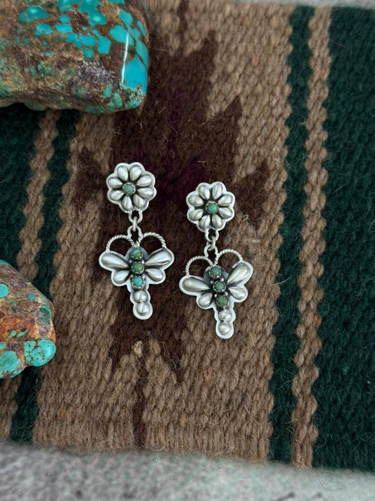 Handmade Sterling Silver Kingman Turquoise Butterfly Post Dangle Earrings "Signed Nizhoni"