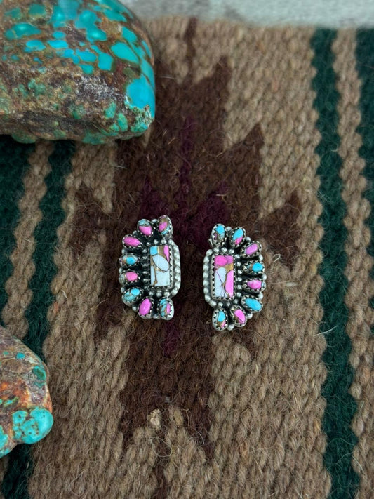 Handmade Sterling Silver Cotton Candy Turquoise Post Studs Earrings "Signed Nizhoni"