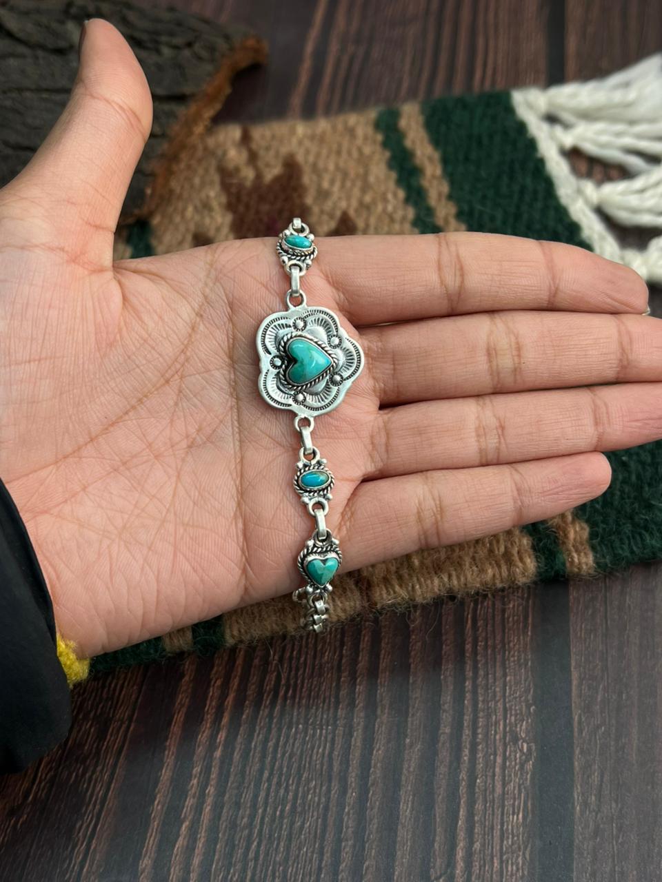 "Heart Collection" Handmade Sterling Silver Kingman Turquoise Chain Bracelet "Signed Nizhoni"