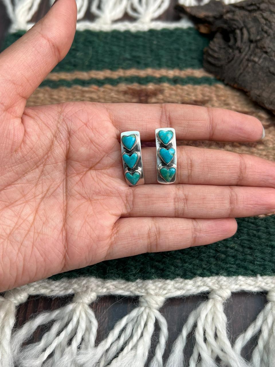 "Heart Collection" Handmade Sterling Silver Kingman Turquoise Post Studs Earrings "Signed Nizhoni"
