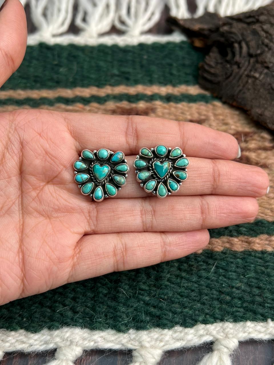 "Heart Collection" Handmade Sterling Silver Kingman Turquoise Post Studs Earrings "Signed Nizhoni"