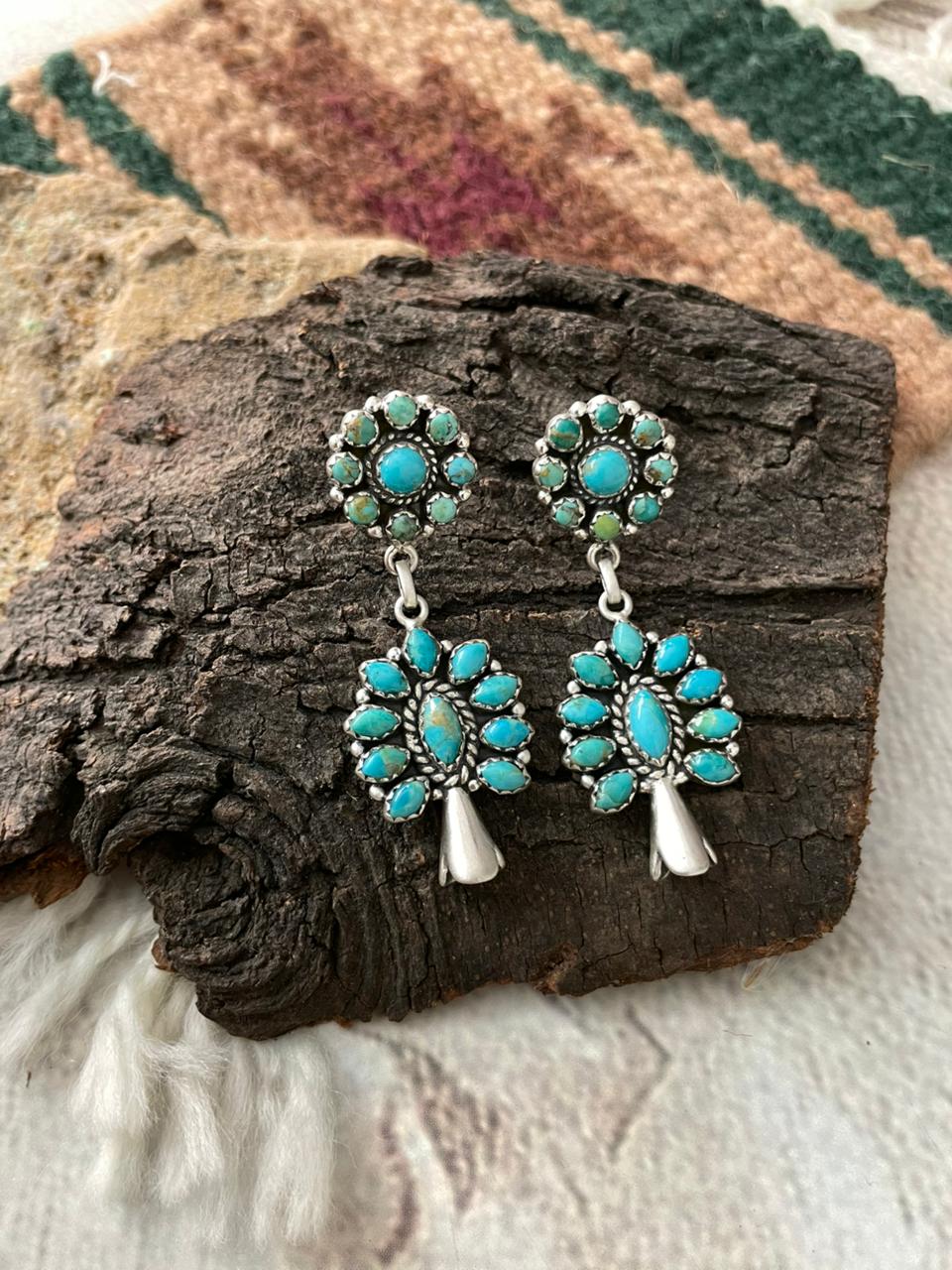 Handmade Sterling Silver Kingaman Turquoise Blossom Dangle Earrings "Signed Nizhoni"