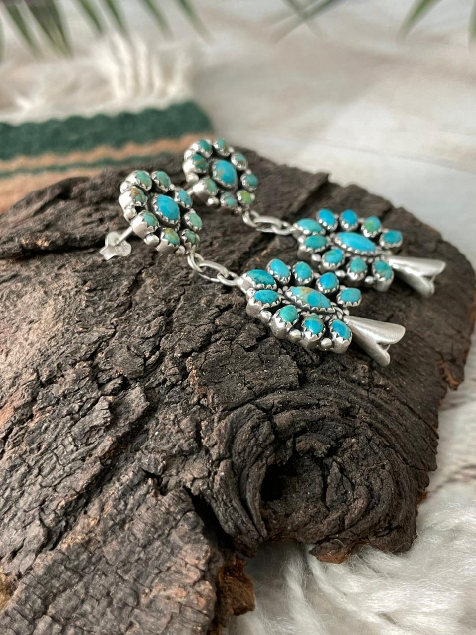 Handmade Sterling Silver Kingaman Turquoise Blossom Dangle Earrings "Signed Nizhoni"