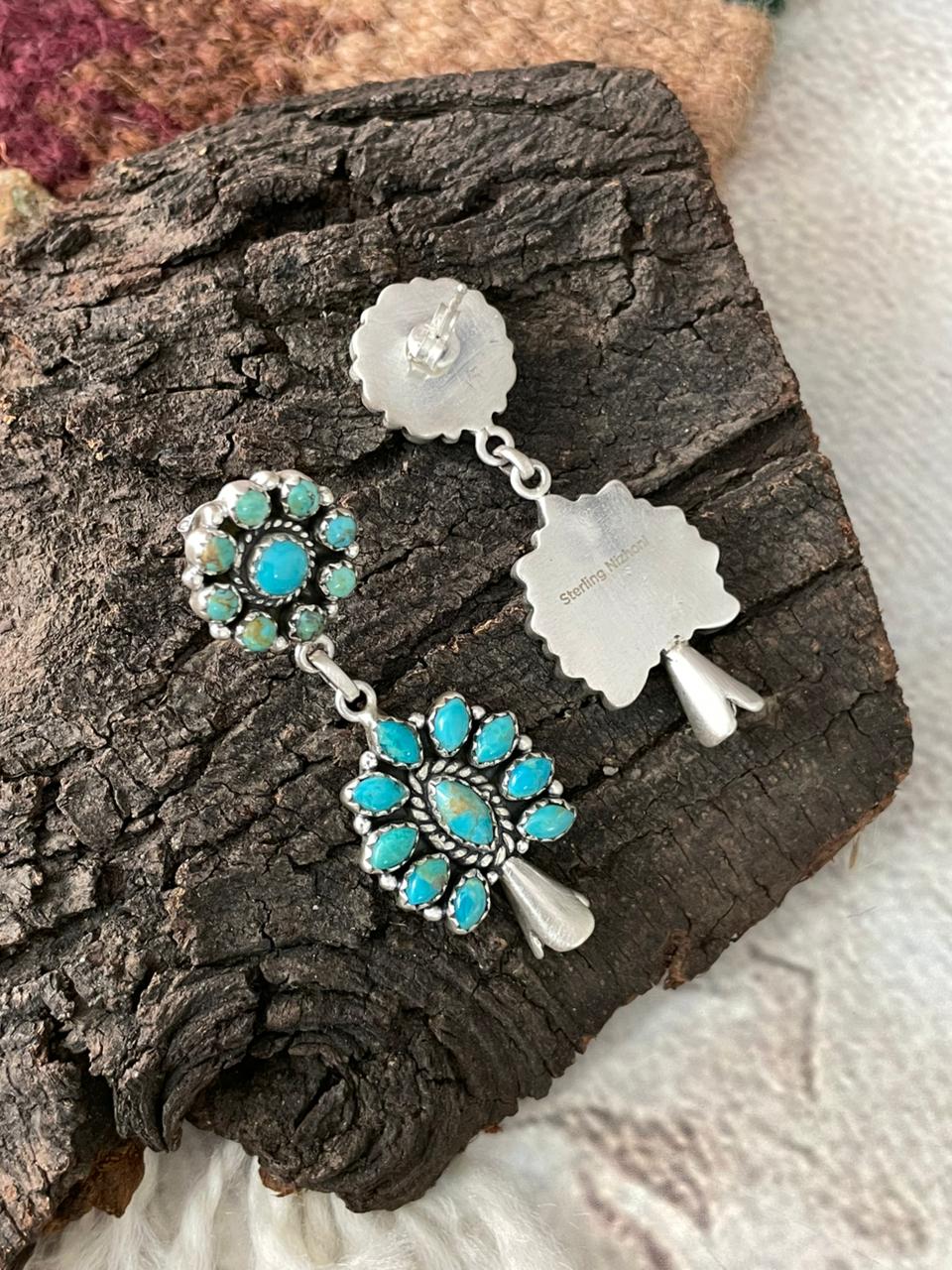 Handmade Sterling Silver Kingaman Turquoise Blossom Dangle Earrings "Signed Nizhoni"