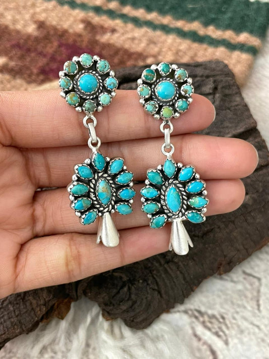 Handmade Sterling Silver Kingaman Turquoise Blossom Dangle Earrings "Signed Nizhoni"