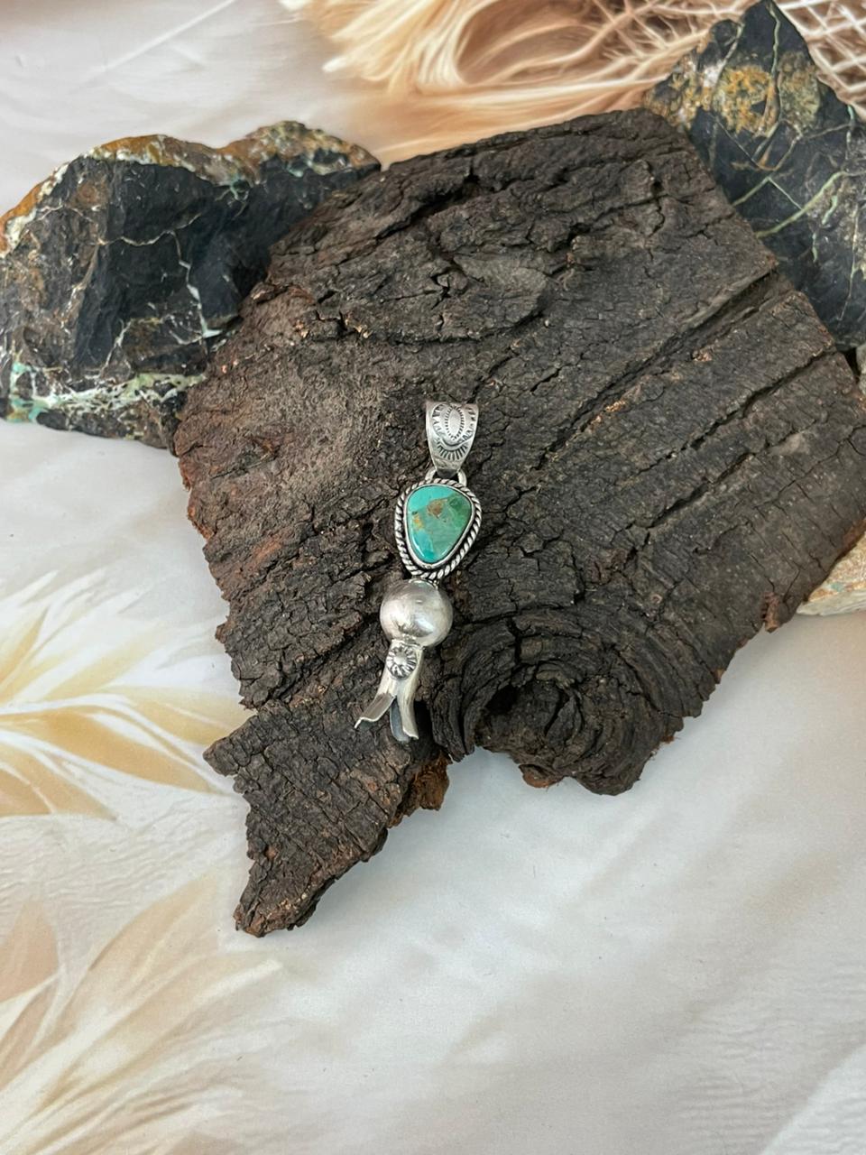Handmade Sterling Silver Kingman Turquoise Squash Blossom Pendant "Signed Nizhoni"