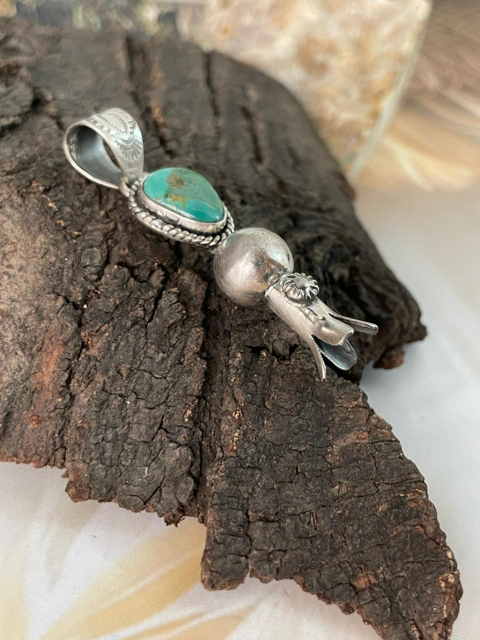 Handmade Sterling Silver Kingman Turquoise Squash Blossom Pendant "Signed Nizhoni"