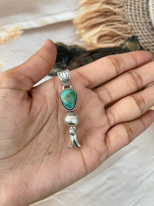 Handmade Sterling Silver Kingman Turquoise Squash Blossom Pendant "Signed Nizhoni"