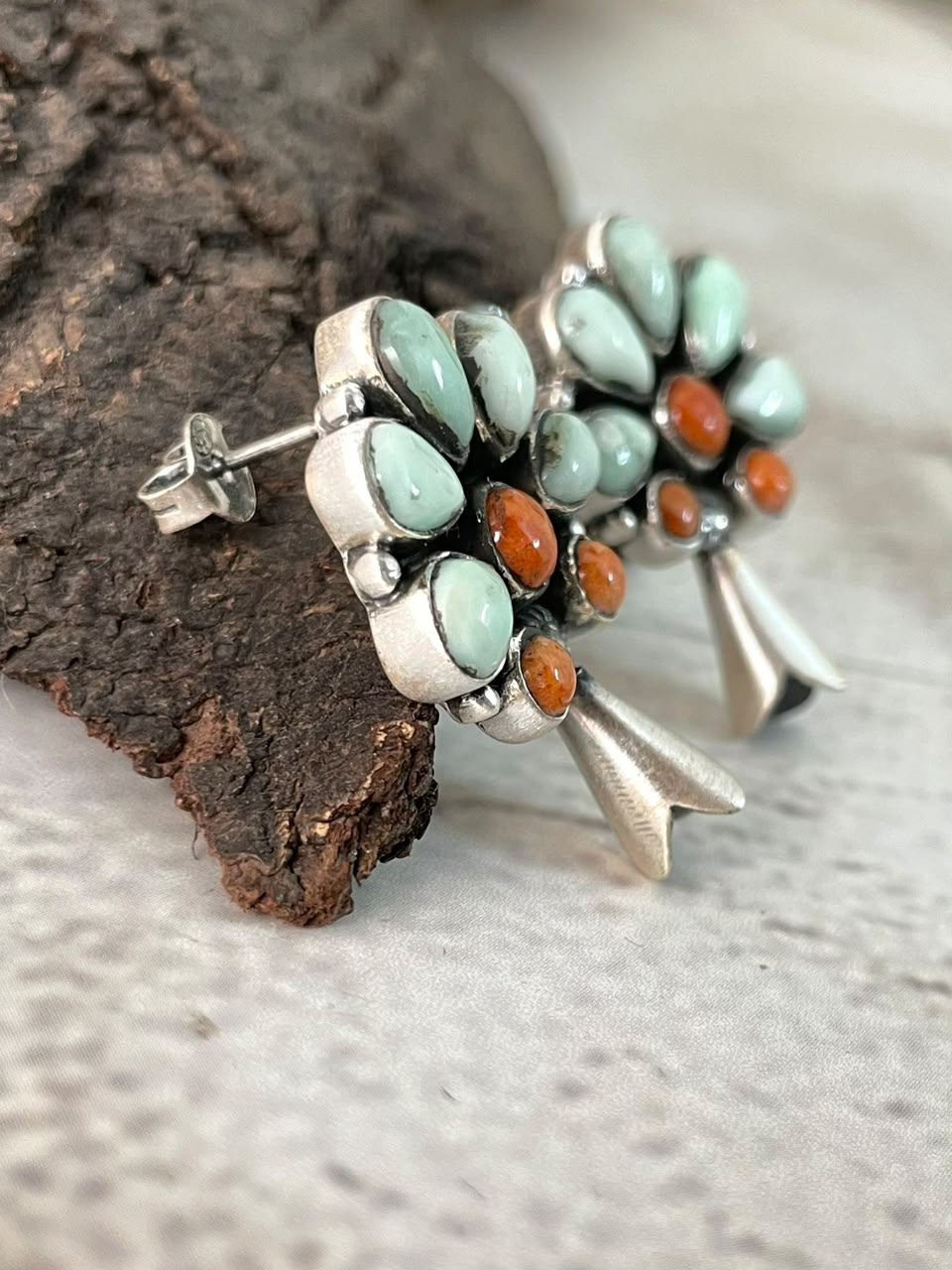 Handmade Sterling Silver Orange Mojave with Paloma Turquoise Post Studs Squash Blossom Earrings Signed Nizhoni