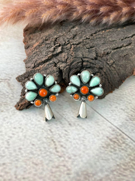 Handmade Sterling Silver Orange Mojave with Paloma Turquoise Post Studs Squash Blossom Earrings Signed Nizhoni